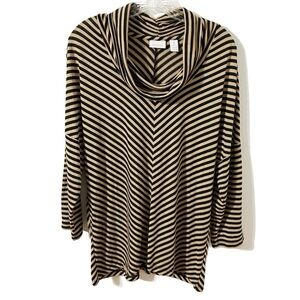 Chicos Black Tan Striped Pattern Cowl Neck 3/4 Long Sleeve Tunic Top Relax Flowy